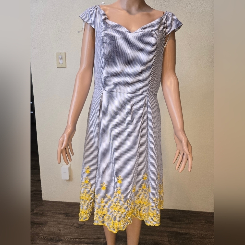 Nicole Miller Dress Womens 12 Blue White Striped Sailor Pleats Yellow Embroidery - Picture 5 of 9